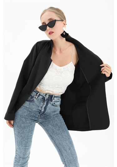 Düşük Omuz Kemerli Atlas Kumaş Blazer Ceket - Siyah-siyah Siyah