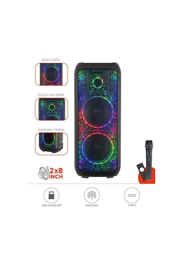 D64 Siyah Rgb Ledli Dahili Kablosuz Mikrofon Kumandalı Radyolu Bluetooth Hoparlör Speaker