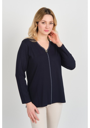 Detay Triko Kadın Boncuk İşlemeli Süs Düğme Detaylı Uzun Kol Anne Bluz 5752 Lacivert Lacivert