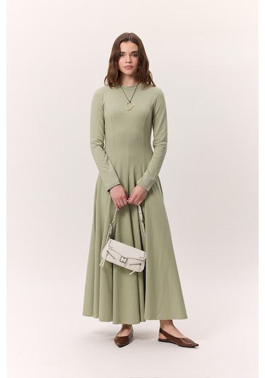Kuplu Uzun Kollu Elbise Yeşil Yeşil