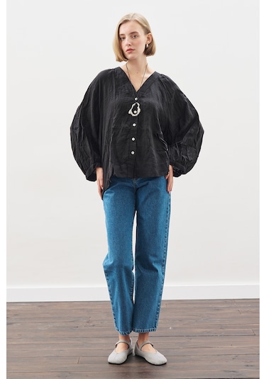 Keten Crush Düğmeli Bluz Siyah Siyah