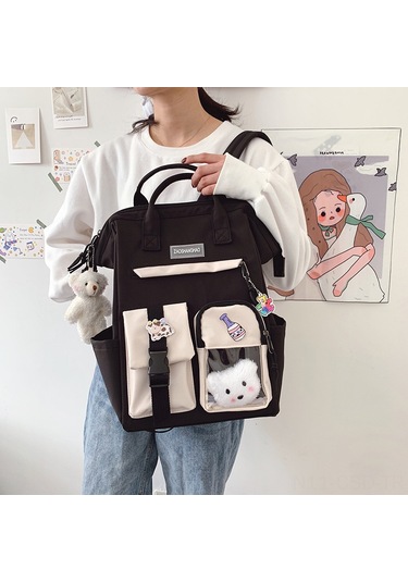 Samdoo Kadın Üniversite Öğrencisi İçin Büyük Kapasiteli 16" Siyah Çift Askılı Çanta - Badge Aksesuar, Dayanıklı Kumaş, Modern Stili Siyah