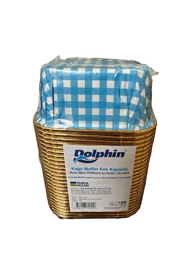 Dolphin Muffin Kare Kağıt Mavi Puantiyeli Altın Cupcake Kek Kalıbı Kapsülü Kabı - 25 Adetlik 10 Paket Renkli