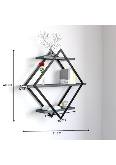 Baklava Duvar Rafı Kitaplık Banyo Rafı 3 Katlı Antrasit