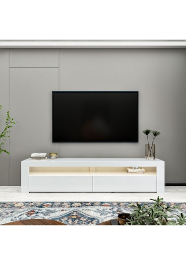 Batı LED Işıklı 2 Kapaklı TV Sehpası – 150 cm – Minimal Tasarım, Parlak Beyaz