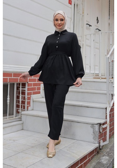 Taş Düğme Detaylı Takım Siyah Siyah