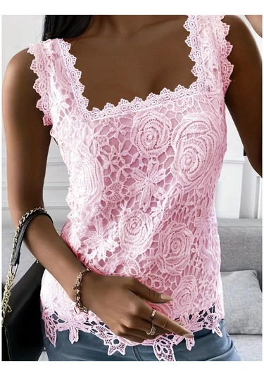 Yaz Kadın Yelek Kare Yaka Dantel Kolsuz Tank Top Pembe
