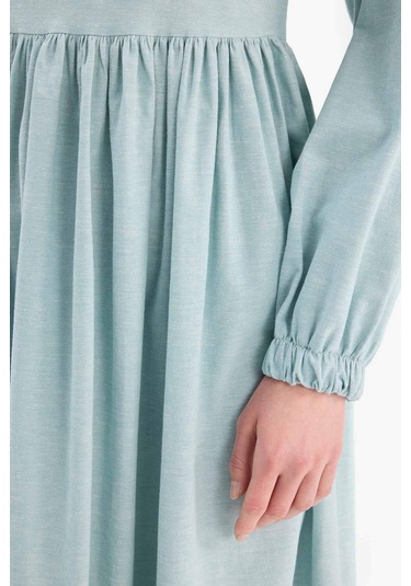 DeFacto Bisiklet Yaka Keten Karışımlı Uzun Kollu Maxi Elbise E4565AX25SPGN1113