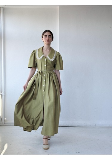 Retrobird 1950'li Yılların Tasarımı Dantelli Betty Maxi Uzun Elbise Kadın Çağla-13916 Çağla Yeşili