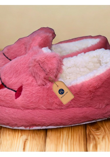 Kadın Pembe Peluş Panduf Ev Terliği Kışlık Sıcak Tutucu, Kaymaz Taban, Sevimli Tasarım Pembe