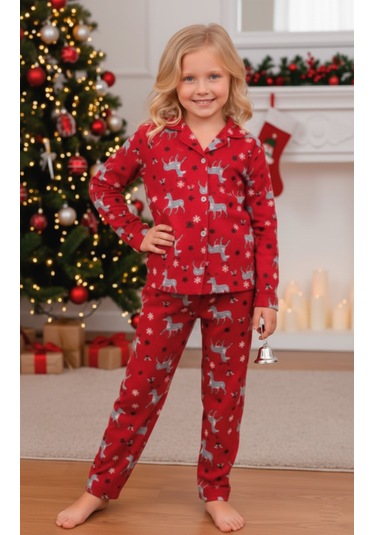 Kız Çocuk Yılbaşı Yeniyıl Temalı Pazen Pijama Takımı Kapı-8255 Kırmızı