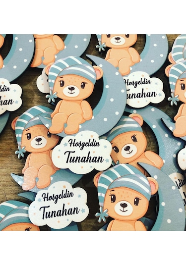 Ay Üstünde Oturan Ayıcık Ahşap Uv Baskı Magnet 20 adet