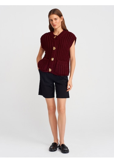 Dilvin 60961 Bisiklet Yaka Yumuşak Dokulu Cepli Düğmeli Triko Yelek-bordo Bordo