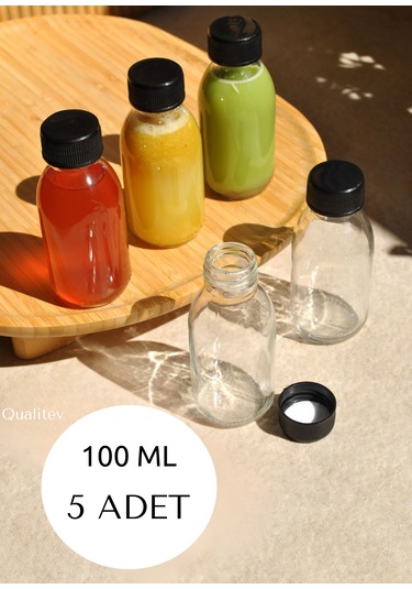 100 Ml Cam Şişe Şeffaf Kilitli Sızdırmaz Siyah Kapaklı Meyve Su