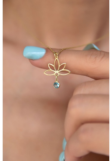 925 Ayar Gümüş Altın Kaplama Lotus Aralık Ayı Doğum Taşı Kolye