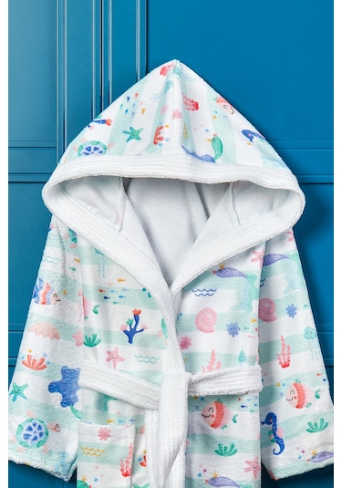 Underwater Dijital Baskılı Çocuk Bornozu Açık Yeşil