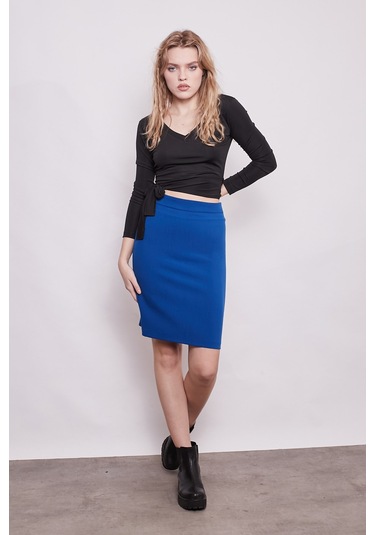 Yüksek Bel Diz Üstü Kumaş Kalem Etek-Sax