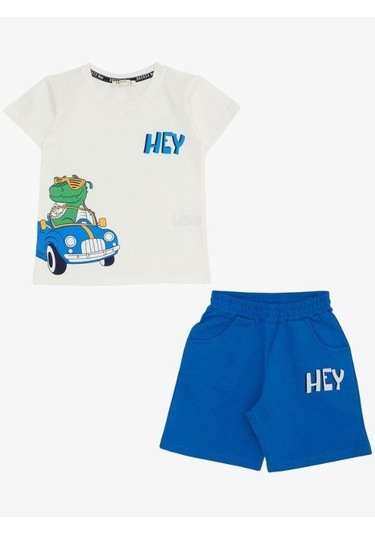 Erkek Bebek Pamuklu Dinazor Baskılı Şortlu Takım-14579 Beyaz