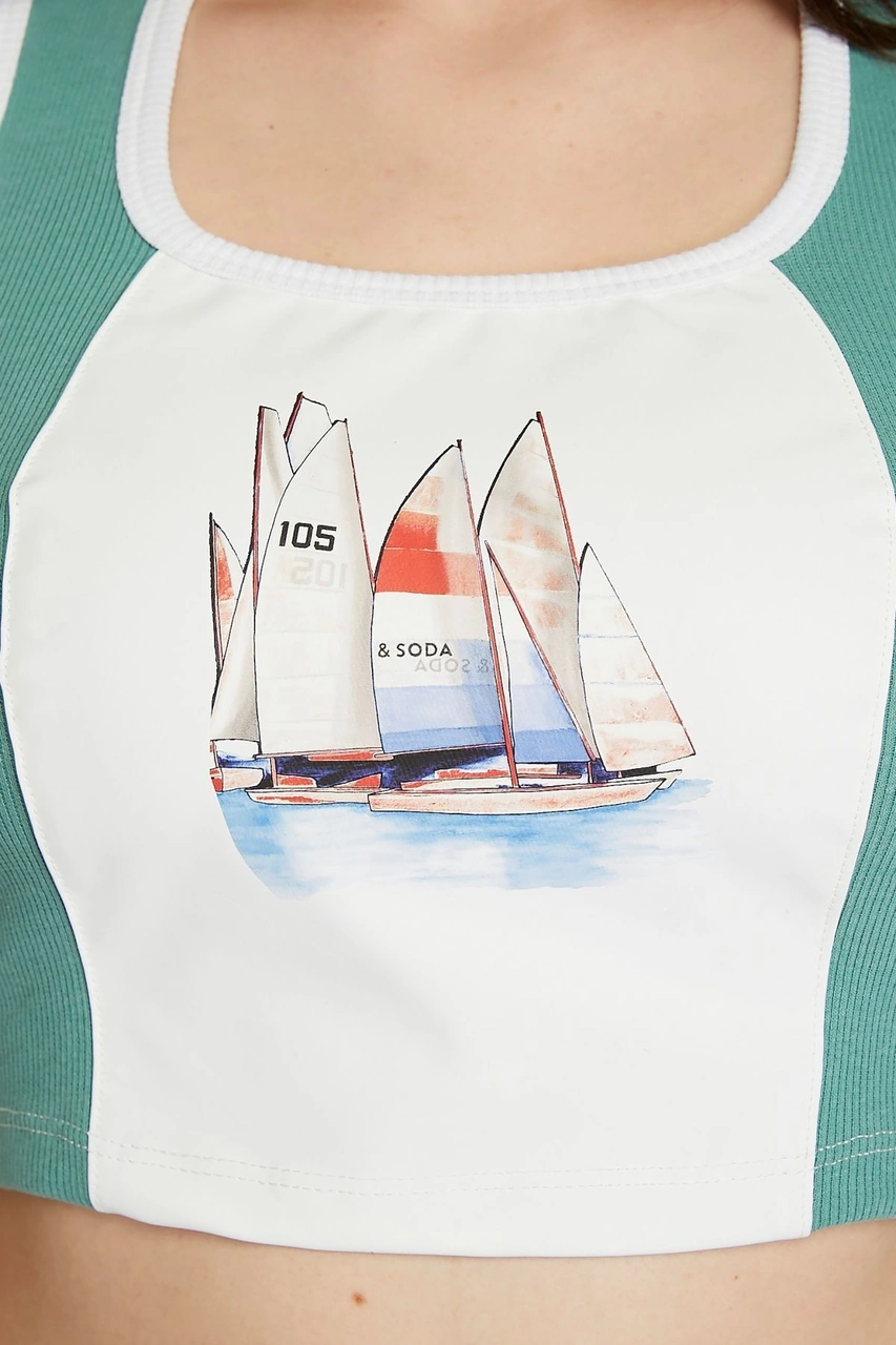 Kadın Deri Crop Ribana Kaşkorse Likralı Deri Garnili Baskılı Crop Büstiyer Deri Üzeri Baskılı Crop Mint