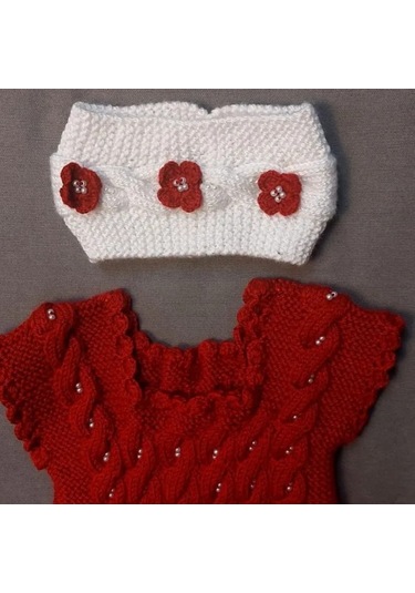 Uretti - Talia 8659 - 8853 El Örgüsü Kız Çocuk Elbise - Bandana - Patik Üçlü Takım - 0 / 9 Ay Kırımızı - Beyaz