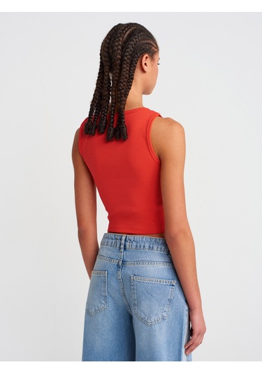 Dilvin 20983 Düğmeli Kare Yaka Top-Koyu Kırmızı