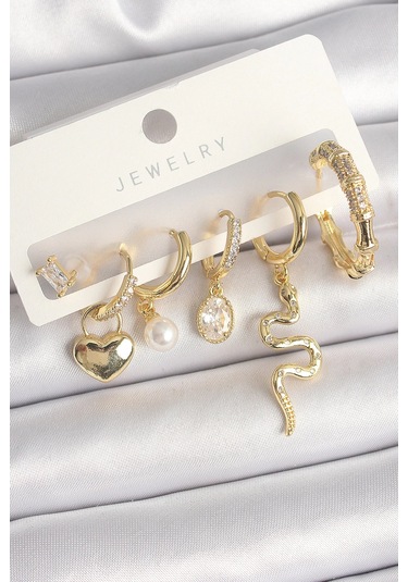 Pirinç Gold Renk Sallantı Yılan Model Zirkon Taşlı Halka Kilit Kalp Detay Kadın Küpe Seti Çok Renkli