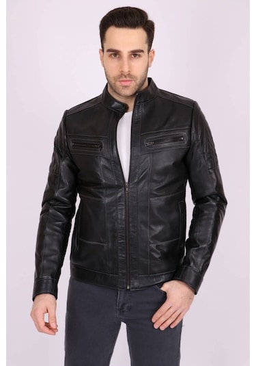 Erkek Siyah Hakiki Deri Hakim Yaka Omuzları Baklava Dikişli Spor Mont
