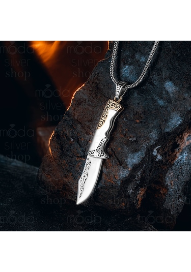 925 Ayar Gümüş Avcı Bıçağı Tasarım Açılır Kapanır Erkek Kolye Gümüş