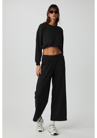 DEWANNA Kadın Uzun Kollu Crop Siyah Eşofman Takımı