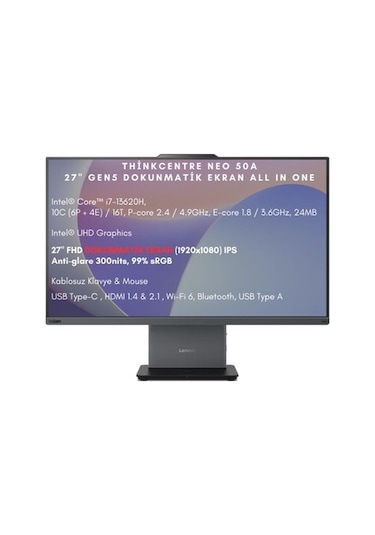 Lenovo Thinkcentre Neo 50a 27 Gen 5 Intel Core I7 13620h 32gb 1tb Ssd 27" Fhd Dokunmatik Ekran Windows 11 Pro All In One Bilgisayar 12sa0013tr Wo6