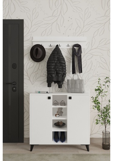 Albena 2 Kapaklı Ayakkabılık, Vestiyer, Portmanto, Askılık, 90 Cm, Beyaz Beyaz