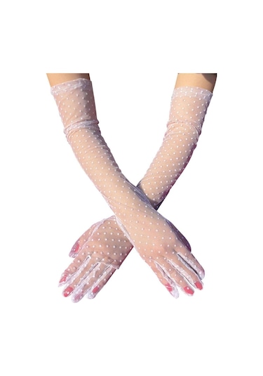 Uzun Boy Beyaz Puantiyeli Beyaz Renk Yetişkin Tül Eldiven Gelin Tül Eldiveni 55 Cm Çok Renkli