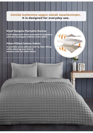 Evlen Home Joy Pamuklu Yatak Örtüsü Seti Çift Kişilik 3 Parça Elyaf Dolgulu Yumuşak Günlük Yıkanabilir Gri