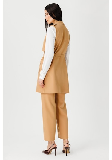 Aller Detaylı İnce Kemerli Yelek Pantolon Tunik Camel-camel Camel