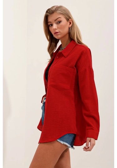 20153 Tek Cepli Oversize Gömlek - Kırmızı Kırmızı