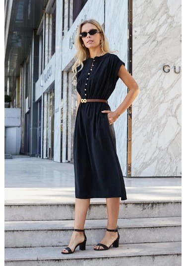 Kadın Yumuşak Dokulu İpeksi Modal Kumaş Hakim Yaka Beli Lastikli Önü Düğmeli Diz Altı Elbise-siyah Siyah Kadın Yumuşak Dokulu İpeksi Modal Kumaş Hakim Yaka Beli Lastikli Önü Düğmeli Diz Altı Elbise-siyah Siyah