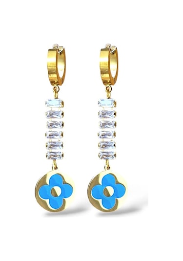 Glowy Aksesuar Vnclf Model Su Yolu Mavi Yonca Çelik Küpe Gold