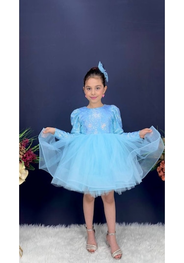 Gren Etek Pul Payet Uzun Kol Kız Çocuk Abiye Elbise 001