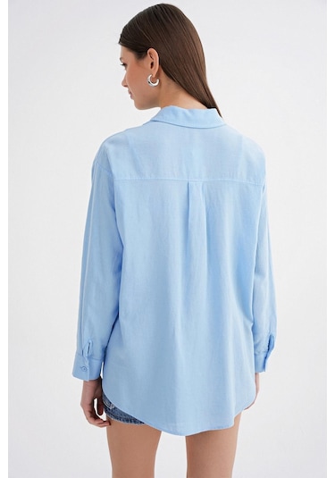 Mixray 4670 Kadın Cepli Oversize Basic Keten Gömlek Bebe Mavi