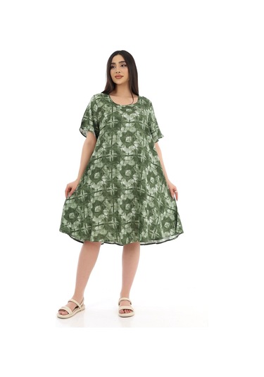 Schık Kadın Viskon Yarım Kol Kare Yaka Elbise Haki Haki