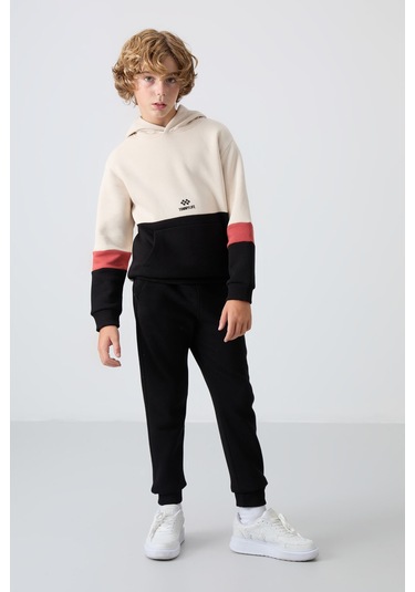 Tommy Life Bej-siyah Pamuklu Kalın İçi Tüylü Yumuşak Dokulu Standart Fit Nakışlı Erkek Çocuk Eşofman Takım - 1 Bej