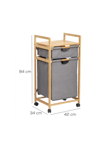 Porsima 2064 2 Raflı Tekerlekli Ahşap Bambu Kirli Sepeti Ahşap
