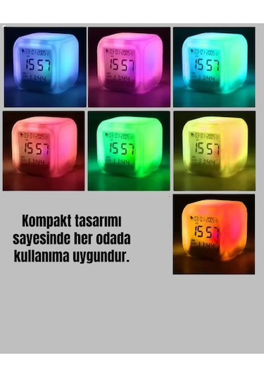 7 Renk Led Işıklı Alarmlı Dijital Küp Masa Saati Termometreli