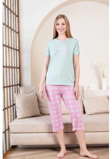Monox Kadın Perfectly Baskılı Bermuda Kısa Kol Pijama Takımı Yeşil