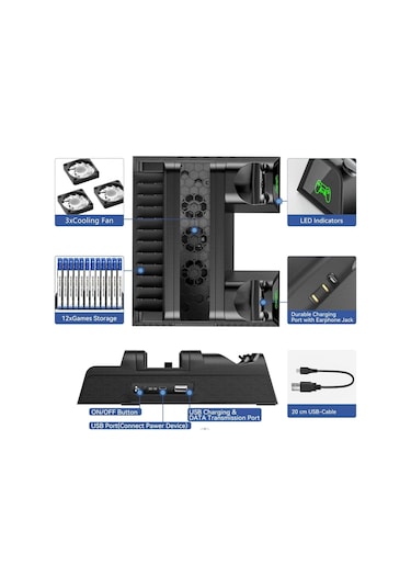 Ps4 Slim 3 Fanlı Soğutucu Stand + Çift Şarj Dock Tp4-882c