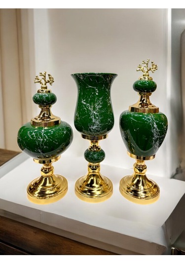 3'lü Dekoratif Prestij Dekoratif Vazo Set - Yeşil Yeşil
