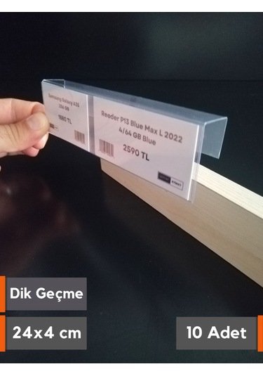 10 Adet Pvc Etiketlik Dik Geçme Ahşap Raf 24 x 4 CM İsimlik Kart Cebi