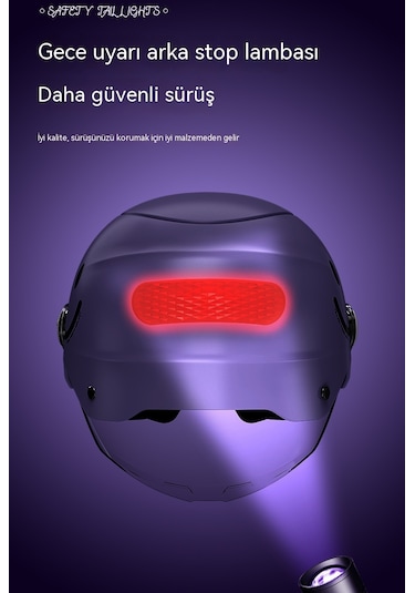 Yy SQ668 Kulak Muhafızları Çift Ayna Kuyruk Işık Açık Motosiklet Kaskı Mor