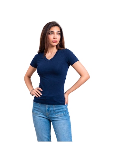Thiff Kadın Ribana Buzy V Yaka T-shirt Tişört Lacivert