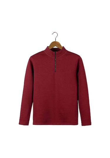 Erkek Bordo Yarım Fermuarlı Basic Düz Sweatshirt Bordo